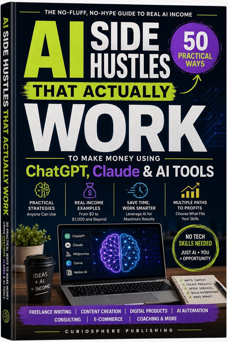 May include: A book titled AI Side Hustles That Actually Work with a black cover featuring lime green and white text. The cover displays a laptop with a glowing brain graphic, a coffee cup, and a notebook. It lists ChatGPT, Claude, and AI tools.
