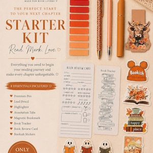 May include: A reading starter kit featuring a book review card, a book tracker, a set of orange adhesive annotation tabs, a glittery pen, a pencil, a highlighter, and several stickers including a highland cow, ghosts, and autumn-themed designs.