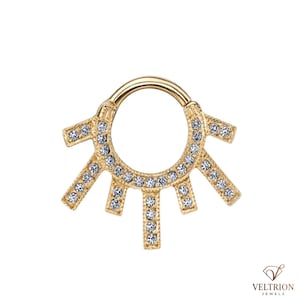 Wibke 925 Sterling Silver Sun Rays Septum Clicker | 16G Daith Hoop with Moissanite Accent, Handmade Celestial Piercing Jewelry