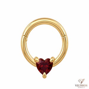 Californische 925 sterling zilveren hartvormige klikring | Robijnrode CZ Daith-, Helix- en kraakbeenpiercing sieraden