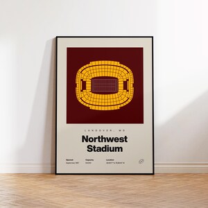 May include: A framed poster featuring a top-down yellow stadium diagram on a maroon background. Text includes Landover, MD, Northwest Stadium, Opened September 1997, Capacity 64,000, and Location 38.9077 N, 76.8644 W, with a small football icon.