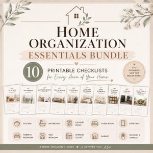 Può includere: Un pacchetto digitale di elementi essenziali per l'organizzazione della casa con 10 liste di controllo stampabili per varie stanze. Il design include un'icona di casa, accenti botanici ed etichette per cucina, bagno, lavanderia, soggiorno, ingresso, camere da letto, ripostiglio, garage e balcone.