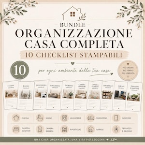 Può includere: Un pacchetto digitale di 10 checklist stampabili per l'organizzazione della casa con il testo BUNDLE ORGANIZZAZIONE CASA COMPLETA 10 CHECKLIST STAMPABILI. Il design include icone per cucina, bagno, lavanderia, soggiorno, ingresso, camere, ripostiglio, garage e balcone.