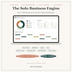 Puede incluir: Un panel digital titulado The Solo Business Engine que presenta una interfaz de Mission Control con un gráfico de anillo, estado de canalización y calendario de contenido. Debajo hay botones para Brand Voice, Marketing, Sales, Ops, Offer & Pricing, Automation Kit, 90-Hook Bank y Live Trackers.
