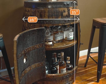 Refurbished Whiskey Barrel - Opened Liquor Cabinet with a door & Lights
