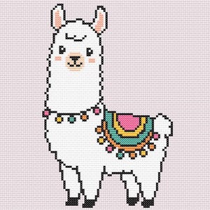 May include: A cross-stitch pattern of a white llama with a colorful saddle and decorative necklace. The llama has a smiling face with pink cheeks and is set against a light pink background.