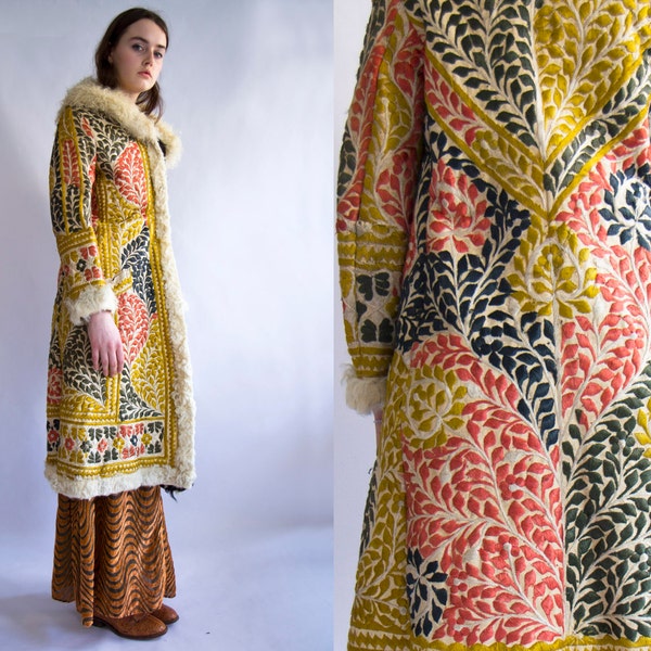 Afghan embroidered long coat from 60's 70's hippie era ethnic penny lane shearling sheepskin rare embroidery leather suede silk ethnic