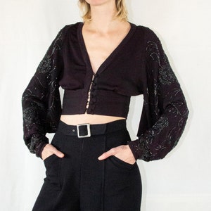1930s black crepe silk blouse with beaded kimono sleeves  // Vintage antique 1920s 30s Art deco embroidered buttoned top