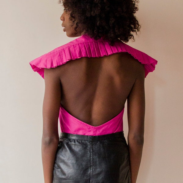 1980s Yves Saint Laurent Variation wide pleated collar backless fuchsia pink top // 80s YSL double breasted shocking pink statement blouse