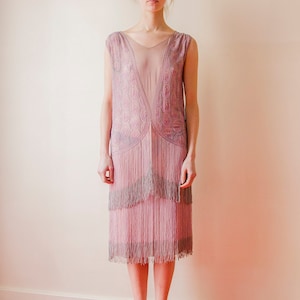 Rare! Vintage 1920s French flapper beaded dress lilac pink fringed // 20s Tiered fringe embellished sheer chiffon silk evening dress
