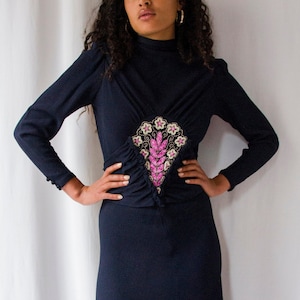 Vintage 1930s beaded flower black draped crepe dress // 30s art deco bias cut day dress with buttoned back
