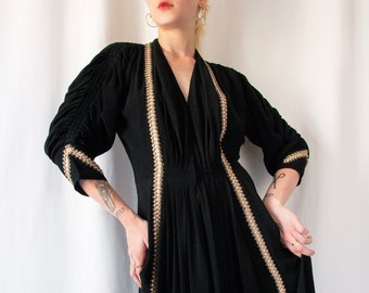 1930s black embroidered trim crepe silk dress with pleated structured shoulders // Vintage 1940s 30s Art Deco draped bias cut day dress