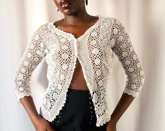 Antique Edwardian white crochet lace cotton blouse // Vintage 1900s handmade Victorian ribbon work cardigan top with tiny buttons