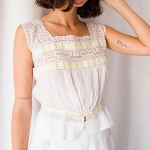 Antique Edwardian white sheer cotton & lace bodice with yellow ribbon // Vintage Victorian 1900s square neckline tank top camisole image 1