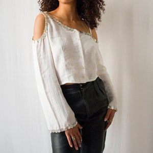 1990s Y2K off shoulder mother of pearl buttons white linen top // Vintage minimalist asymmetrical blouse with long bell sleeves image 1