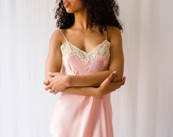 1930s pink satin silk & cream lace monogram lingerie slip dress // Vintage 30s art deco boudoir negligee bias cut mini dress