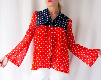 1960s London Mob of Carnaby Street red & blue polka dot sheer cotton blouse // Vintage British boutique dog ear collar shirt, flutter sleeve