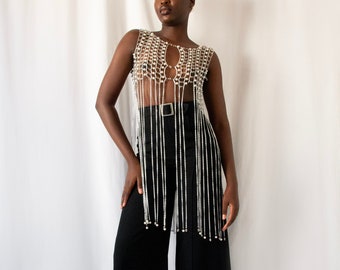 1970s silver metal chainmail fringed space age vest // Vintage 1960s 70s couture chain jewel evening top with faux pearl