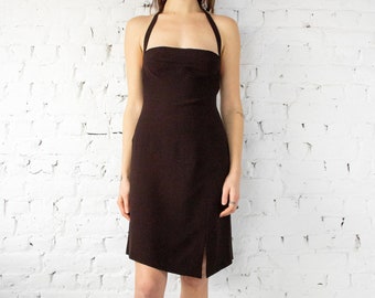 1990s Claude Montana deadstock brown halter neck mini dress // Vintage 90s State Of Claude Montana square neckline minimalist strap dress