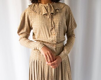 1970s Ungaro camel brown silk pleated dress with round ruffled collar // Vintage 80s does 1930s Made in Italy buttoned front midi dress