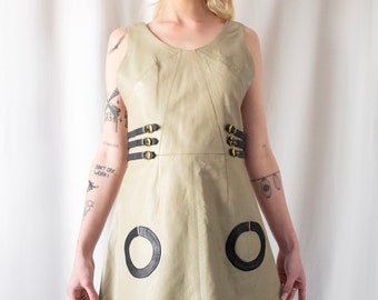 1960s Italian made A line taupe leather dress with gold buckle details // Vintage 60s Mod scooter space age round collar backless mini dress