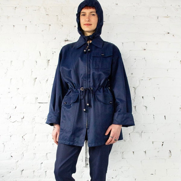 1990s Thierry Mugler navy blue oversized rain jacket with removable hoody & huge pockets // vintage 90s Mugler hooded zipped mid-length coat