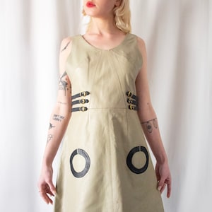 1960s Italian made A line taupe leather dress with gold buckle details // Vintage 60s Mod scooter space age round collar backless mini dress image 1