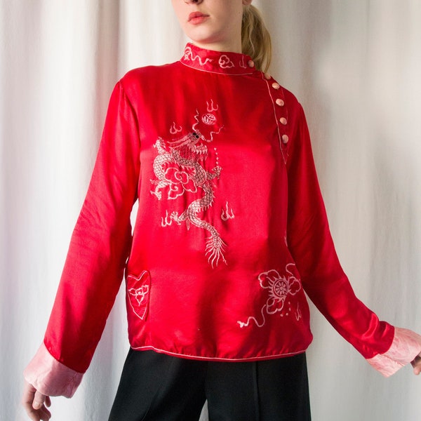 1930s Chinese red satin silk embroidered dragon blouse with heart pocket // Vintage antique 30s Asian loungewear souvenir pyjamas top