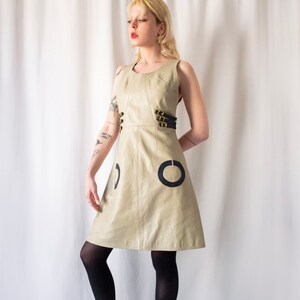 1960s Italian made A line taupe leather dress with gold buckle details // Vintage 60s Mod scooter space age round collar backless mini dress image 3
