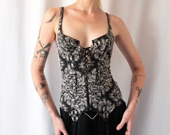 1990s Chantal Thomass black & white floral lace up corset top // Vintage 1980s French made glamorous lingerie laced bustier