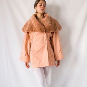 1980s Claude Montana salmon pink coat with huge fur collar // 80's Montana tailored jacket, kimono sleeve, front pockets, double breasted image 4