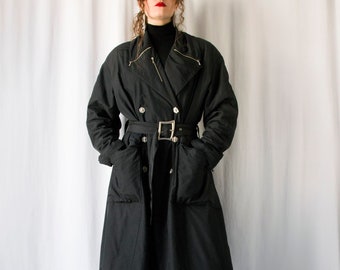 1980s Thierry Mugler black oversized rain coat with belted waist & huge pockets // vintage 80s metallic belt buckle and zipper detail coat