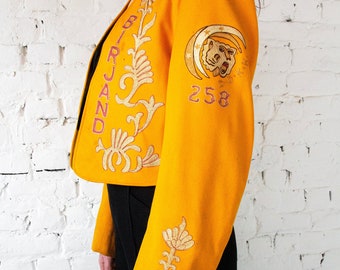 1940s marching band orange wool embroidered jacket // Vintage 40s 1950s Varsity tiger embroideries, boxy shape felt blazer