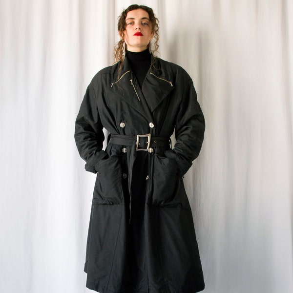 1980s Thierry Mugler black oversized rain coat with belted waist & huge pockets // vintage 80s metallic belt buckle and zipper detail coat