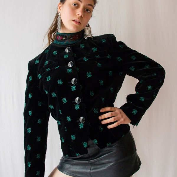 1980s Guy Laroche embroidered green leaves black velvet jacket // Vintage 80s tailored blazer big buttons and chest pocket