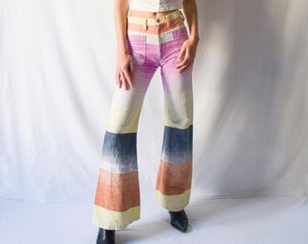 Rare! 1970s colorful gradient flared pants with front patch pockets // Vintage 70s French brand Philnat bell bottom trousers