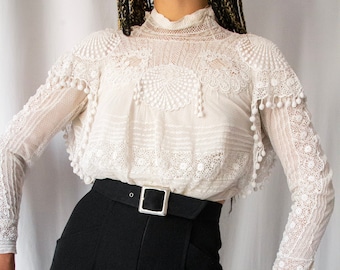 Antique Edwardian handmade white lace blouse with high-neck & crochet pompom // Vintage 1900s Victorian French museum worthy bodice top