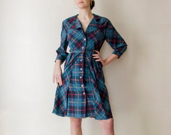1970s Chloé by Karl Lagerfeld silk checkered blue print dress // Vintage 70s shirt day dress with overlapping skirt