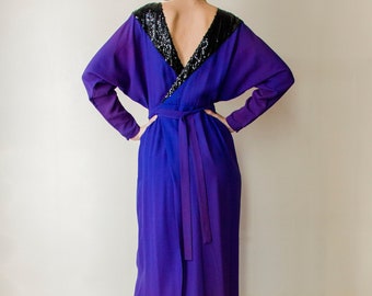 1980s Guy Laroche sequin evening dress gradient purple // vintage 80s French designer ombre wrap dress with plunging V backless neckline