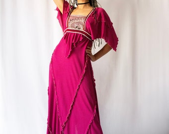 1970s Marisa Martin Knightsbridge pink berry bias cut lettuce maxi dress // Vintage 70s Rare British boutique hippie bohemian frilled gown