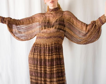 1960s Salina de Costa copper brown chiffon silk cocktail maxi dress // Vintage 60s glittery stripes couture evening gown with dolman sleeves