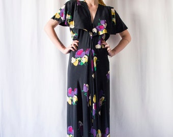 1940s floral print dark navy blue bias cut silk or rayon crepe dress with capelet // Vintage 30s 40s art deco slinky zipped day dress