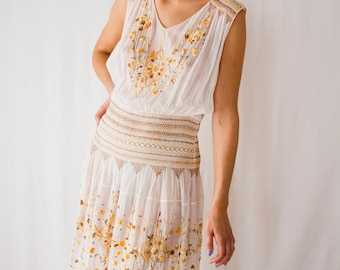 1920s sheer cotton Hungarian embroidered dress // 20s white and yellow flapper peasant sheer dress with smocks & floral embroideries