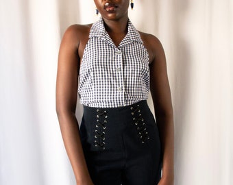 1990s Chantal Thomass blue & white cotton gingham halter top // Vintage 90s checkered print bare back shirt top with buttoned front