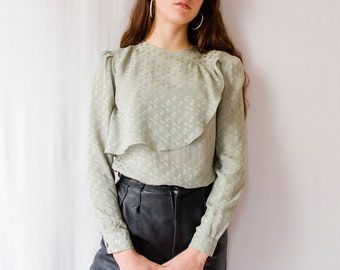 1980s sage green Emmanuelle Khanh big ruffle silk blouse // 80s geometric pattern minimalist drape silk top with buttoned back