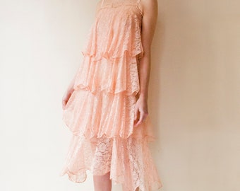 Antique 1920s French pink lace scalloped tiered dress // Vintage 20s flounced embroidered chiffon flapper dress