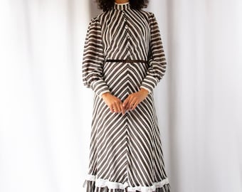 1970s John Charles of London black & white striped maxi dress // Vintage 70s Victorian inspired lace and velvet details prairie dress