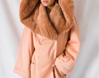 1980s Claude Montana salmon pink coat with huge fur collar // 80's Montana tailored jacket, kimono sleeve, front pockets, double breasted