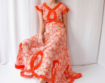 1930s bright orange floral organza silk velvet ribbon evening gown // Rare vintage 30s bias cut sheer long dress