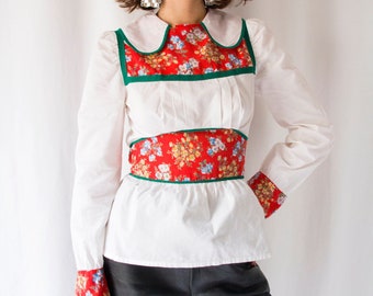 1970s Fiorucci white & red cotton blouse with peter pan collar, back bow tie // Vintage 70s Italian hippie floral print buttoned top shirt